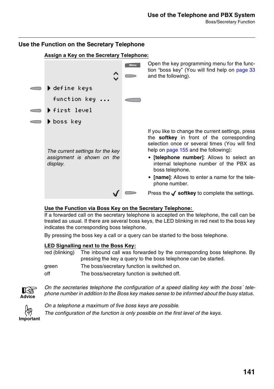 Use the function on the secretary telephone, Define keys function key ... first level boss key | Auerswald 2500 User Manual | Page 141 / 236