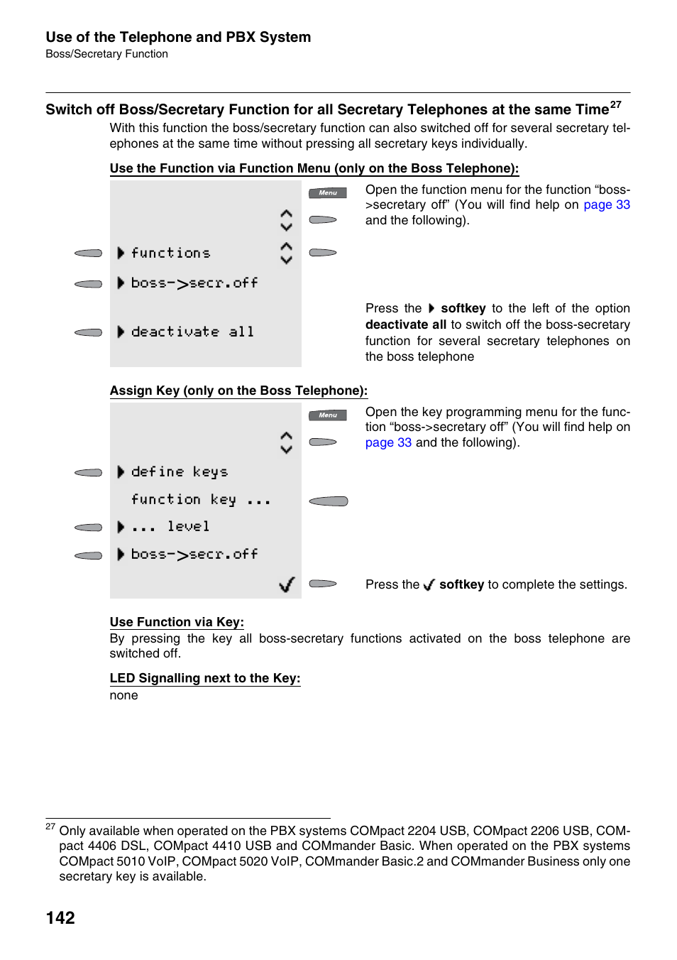 Functions boss, Secr.off deactivate all, Define keys function key ... ... level boss | Secr.off | Auerswald 2500 User Manual | Page 142 / 236