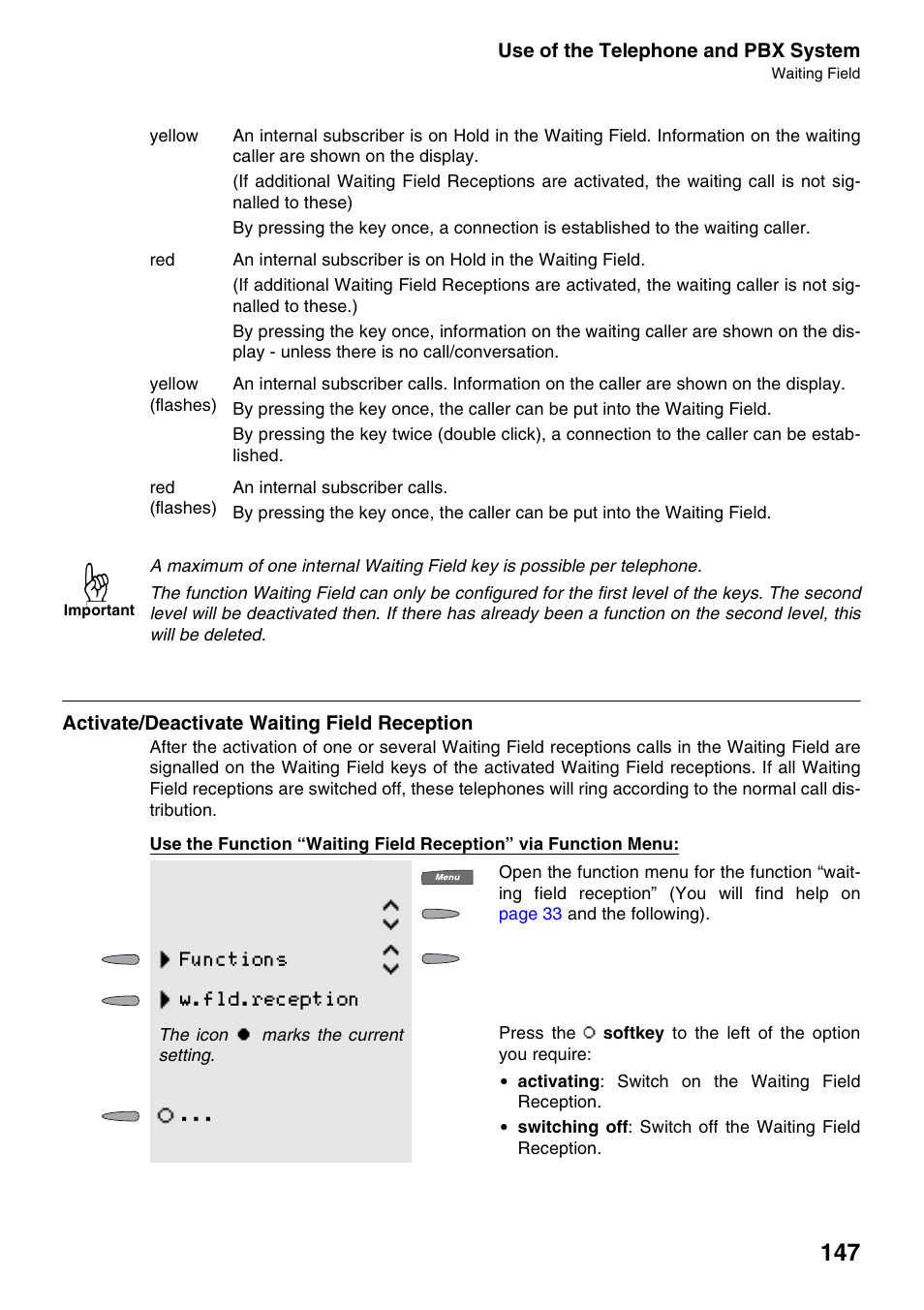 Activate/deactivate waiting field reception, Functions w.fld.reception | Auerswald 2500 User Manual | Page 147 / 236