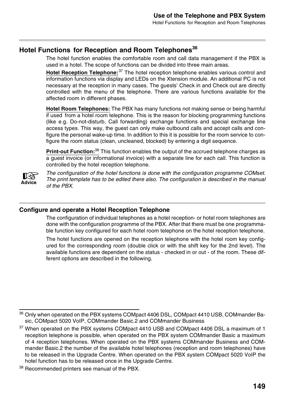 Hotel functions for reception and room telephones, Configure and operate a hotel reception telephone | Auerswald 2500 User Manual | Page 149 / 236