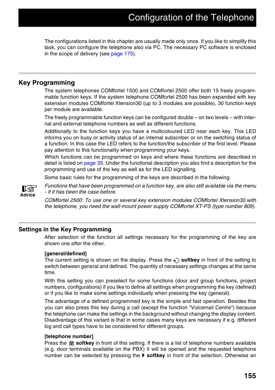 Configuration of the telephone, Key programming, Settings in the key programming | Auerswald 2500 User Manual | Page 155 / 236