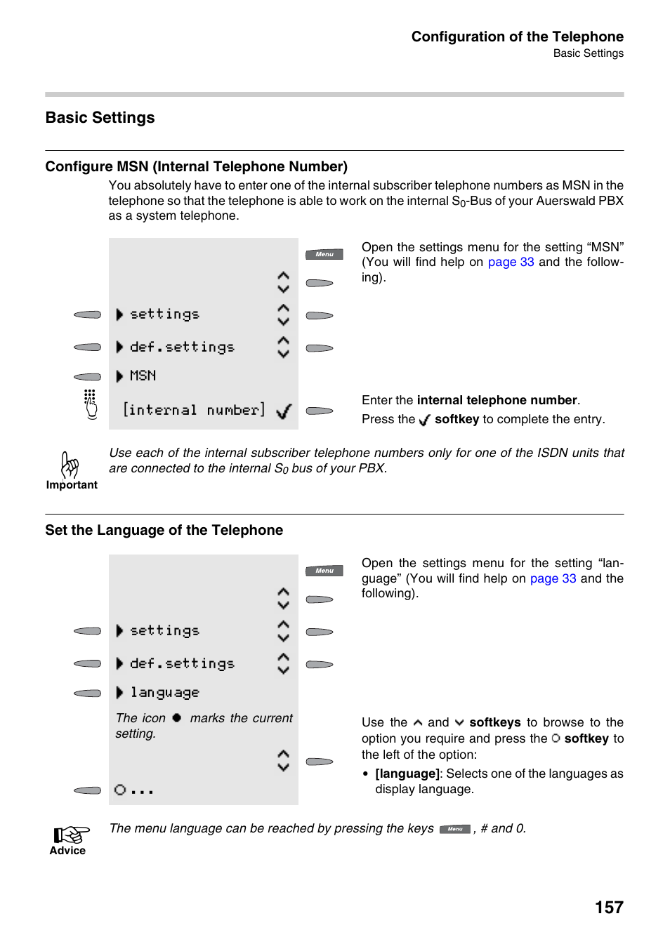 Basic settings, Configure msn (internal telephone number), Set the language of the telephone | Auerswald 2500 User Manual | Page 157 / 236