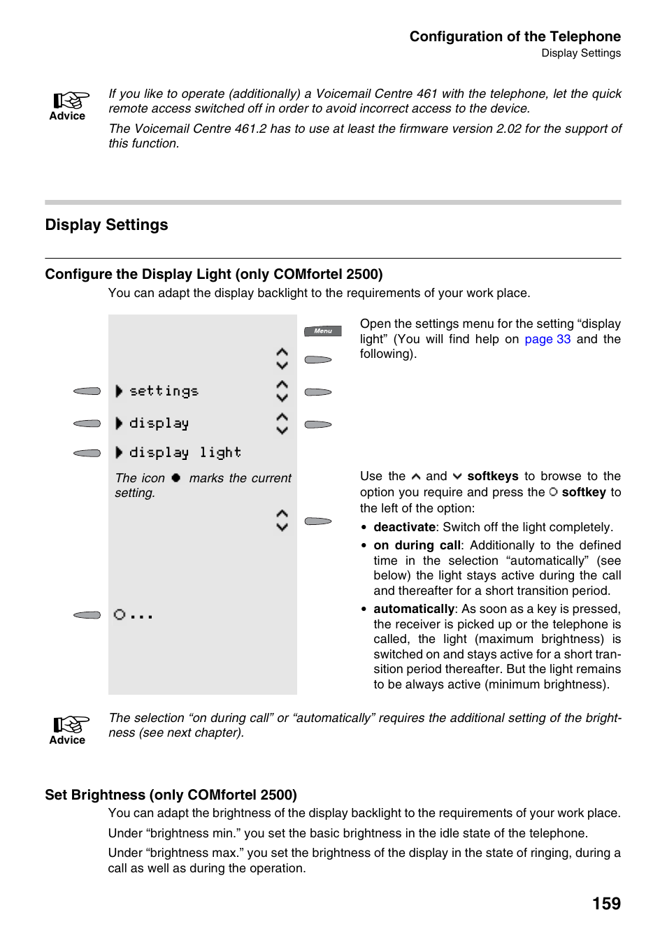 Display settings, Configure the display light (only comfortel 2500), Set brightness (only comfortel 2500) | Settings display display light | Auerswald 2500 User Manual | Page 159 / 236