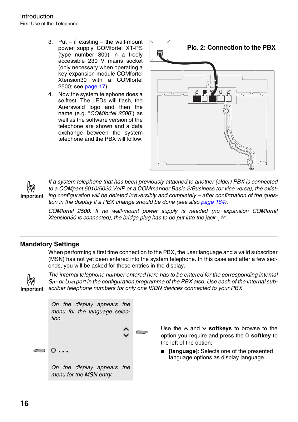 Pic. 2 : connection to the pbx, Mandatory settings, Pic. 2: connection to the pbx | Auerswald 2500 User Manual | Page 16 / 236