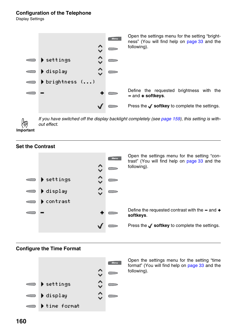 Set the contrast, Configure the time format, Settings display brightness (...) | Settings display contrast, Settings display time format | Auerswald 2500 User Manual | Page 160 / 236