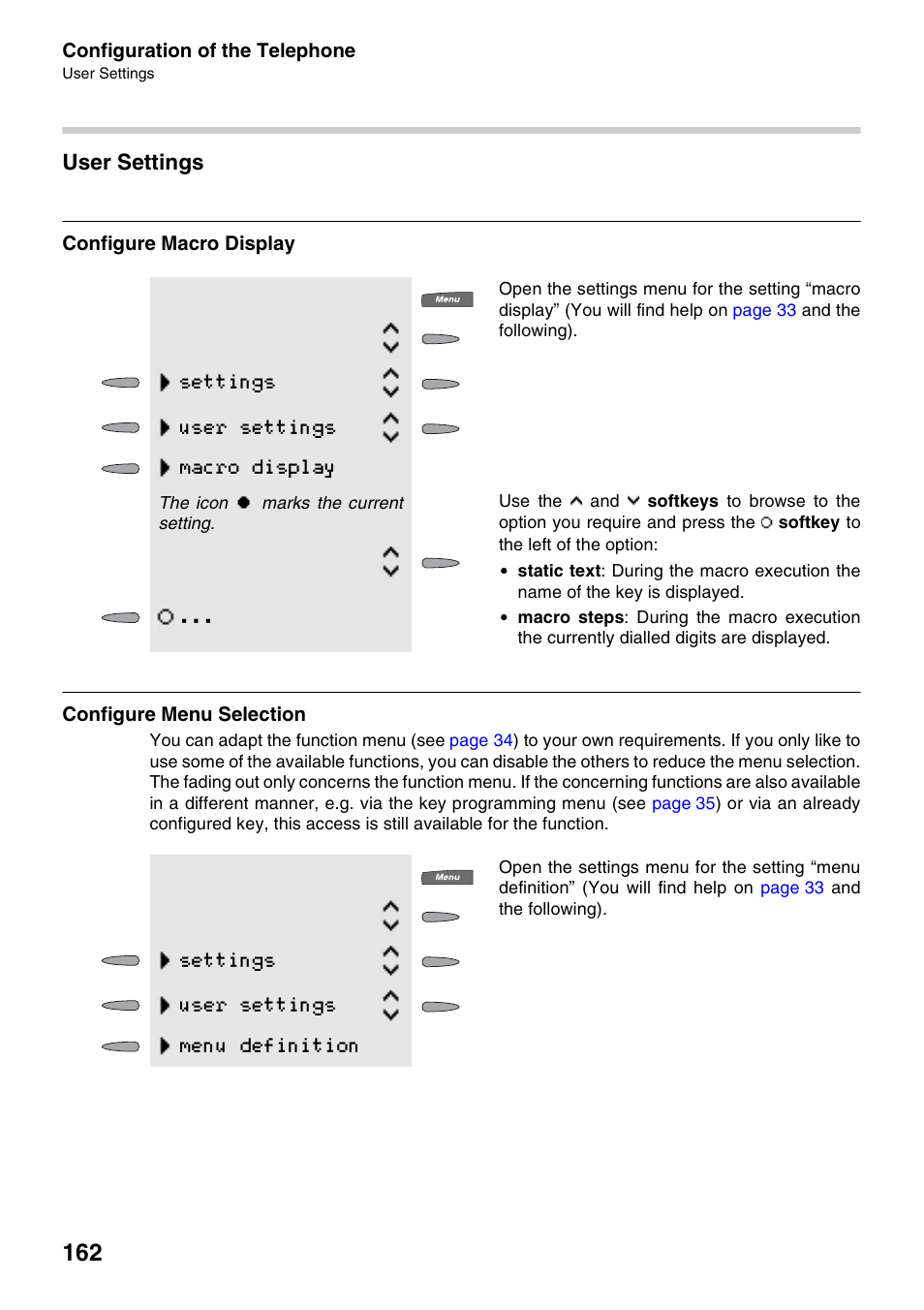 User settings, Configure macro display, Configure menu selection | Settings user settings macro display, Settings user settings menu definition | Auerswald 2500 User Manual | Page 162 / 236