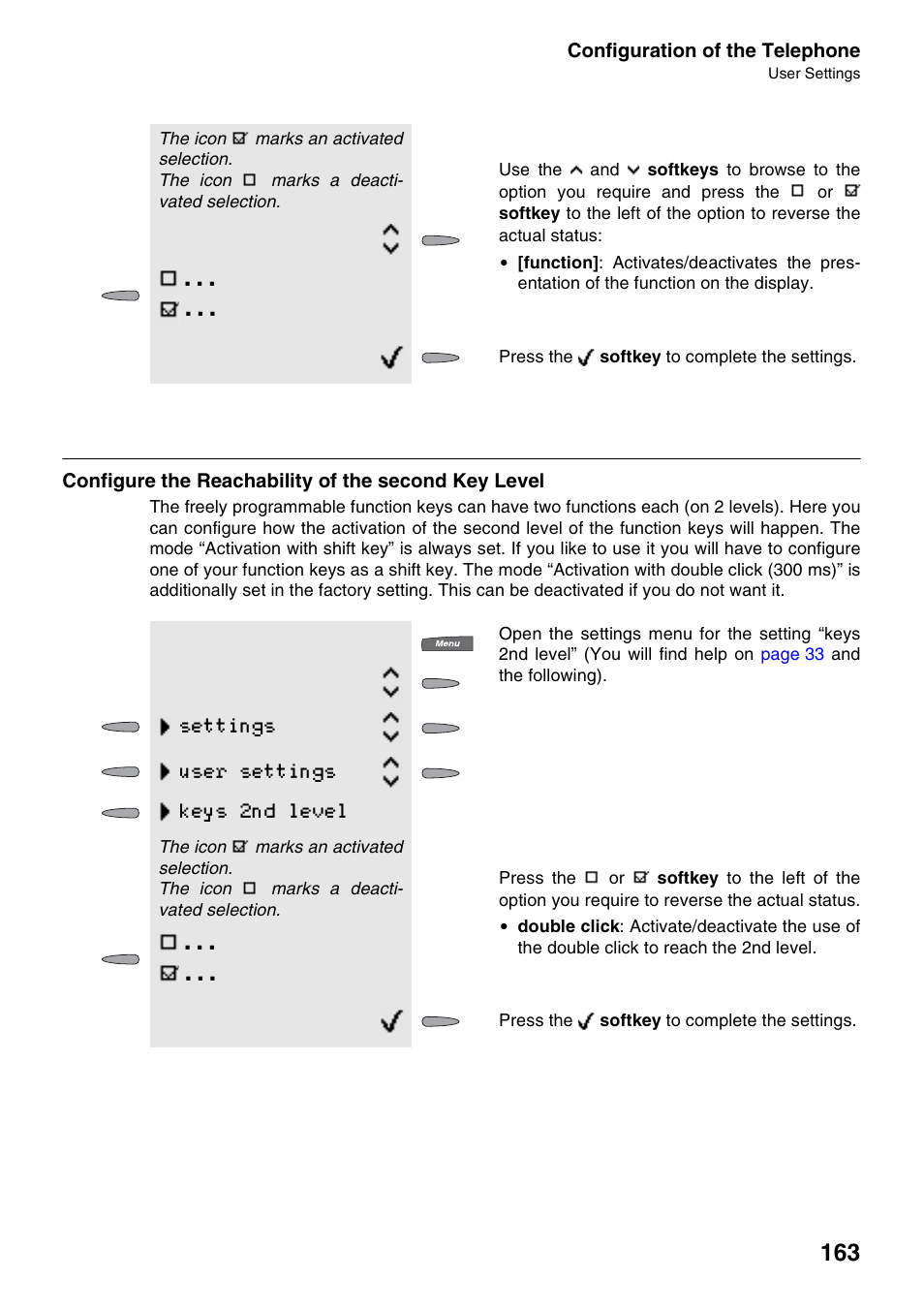 Configure the reachability of the second key level, Level, Settings user settings keys 2nd level | Auerswald 2500 User Manual | Page 163 / 236