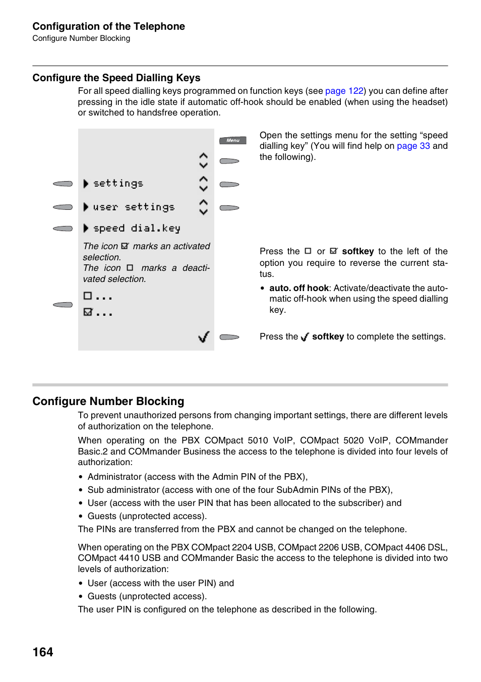 Configure the speed dialling keys, Configure number blocking, Settings user settings speed dial.key | Auerswald 2500 User Manual | Page 164 / 236