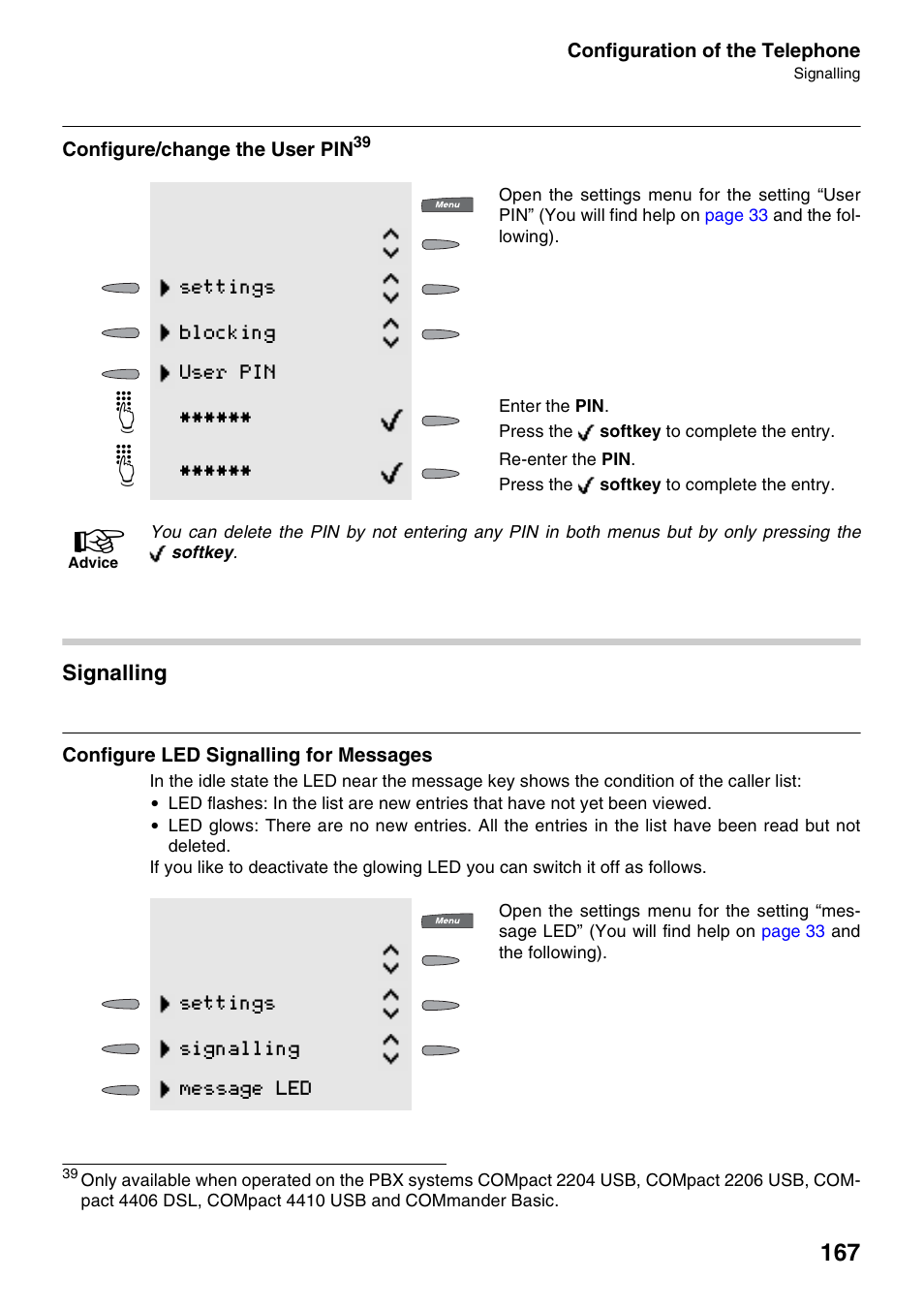 Configure/change the user pin, Signalling, Configure led signalling for messages | Auerswald 2500 User Manual | Page 167 / 236