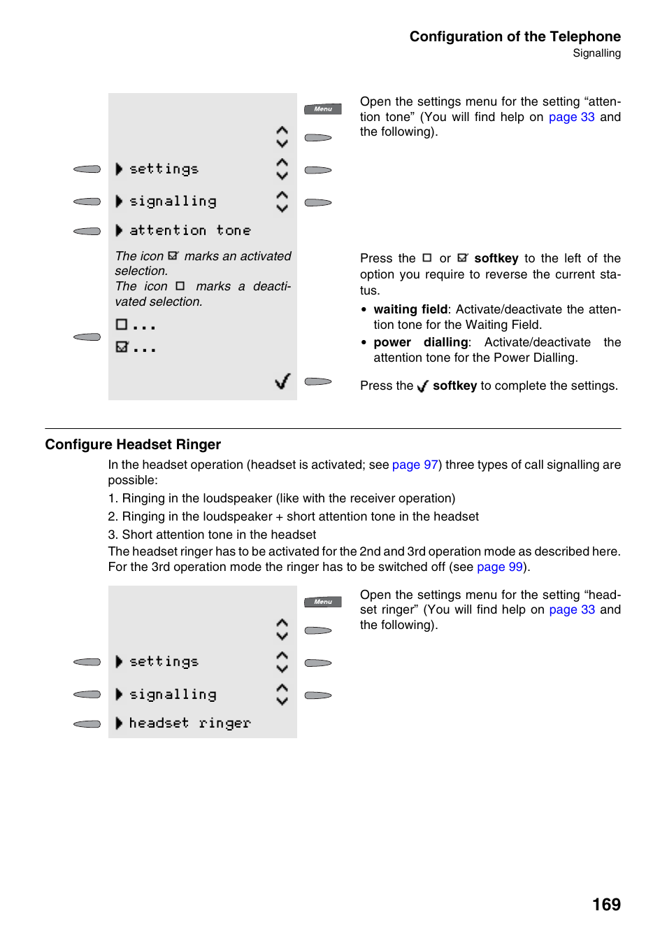 Configure headset ringer, Ringer, Settings signalling attention tone | Settings signalling headset ringer | Auerswald 2500 User Manual | Page 169 / 236