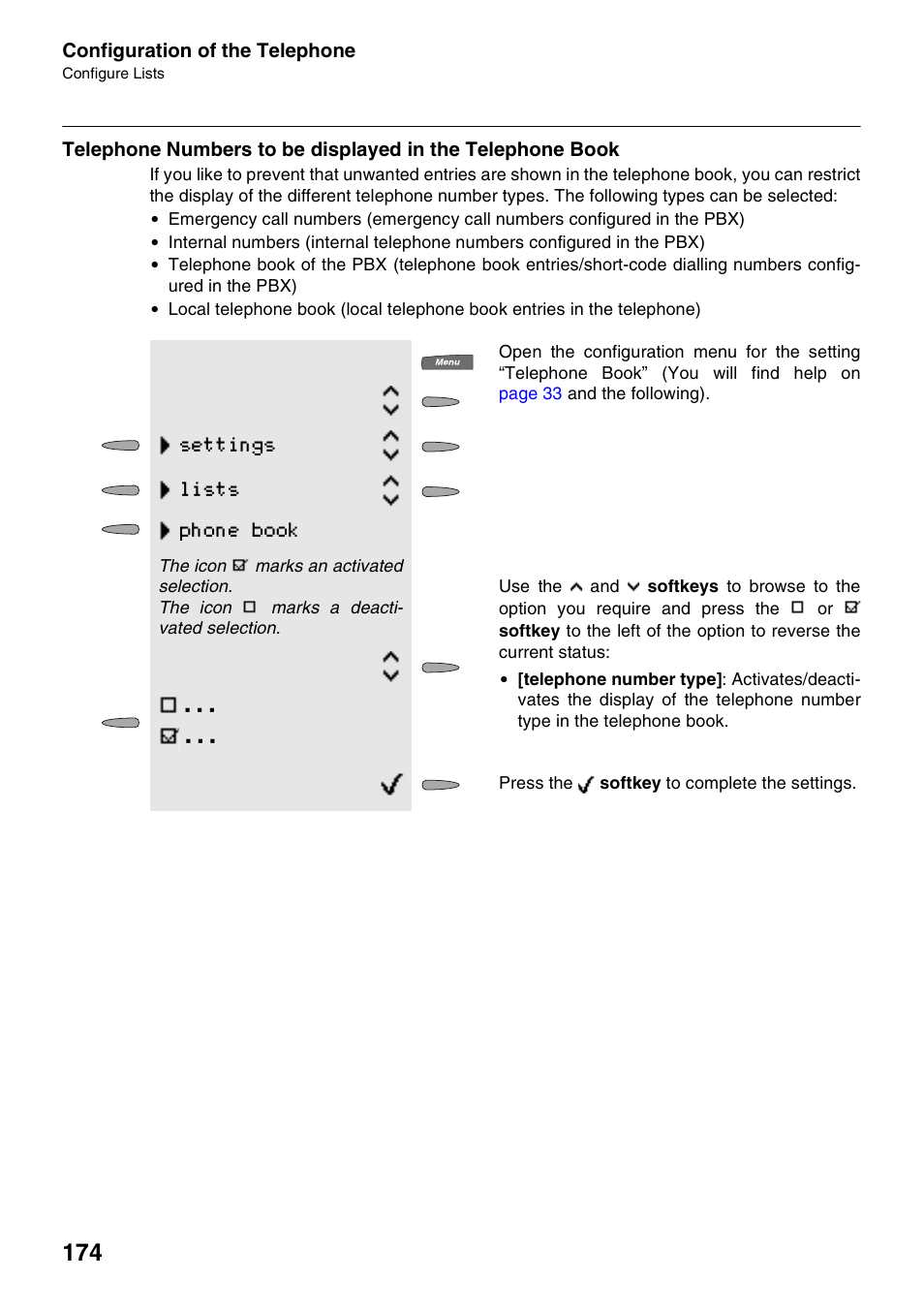 Hone book, Settings lists phone book | Auerswald 2500 User Manual | Page 174 / 236