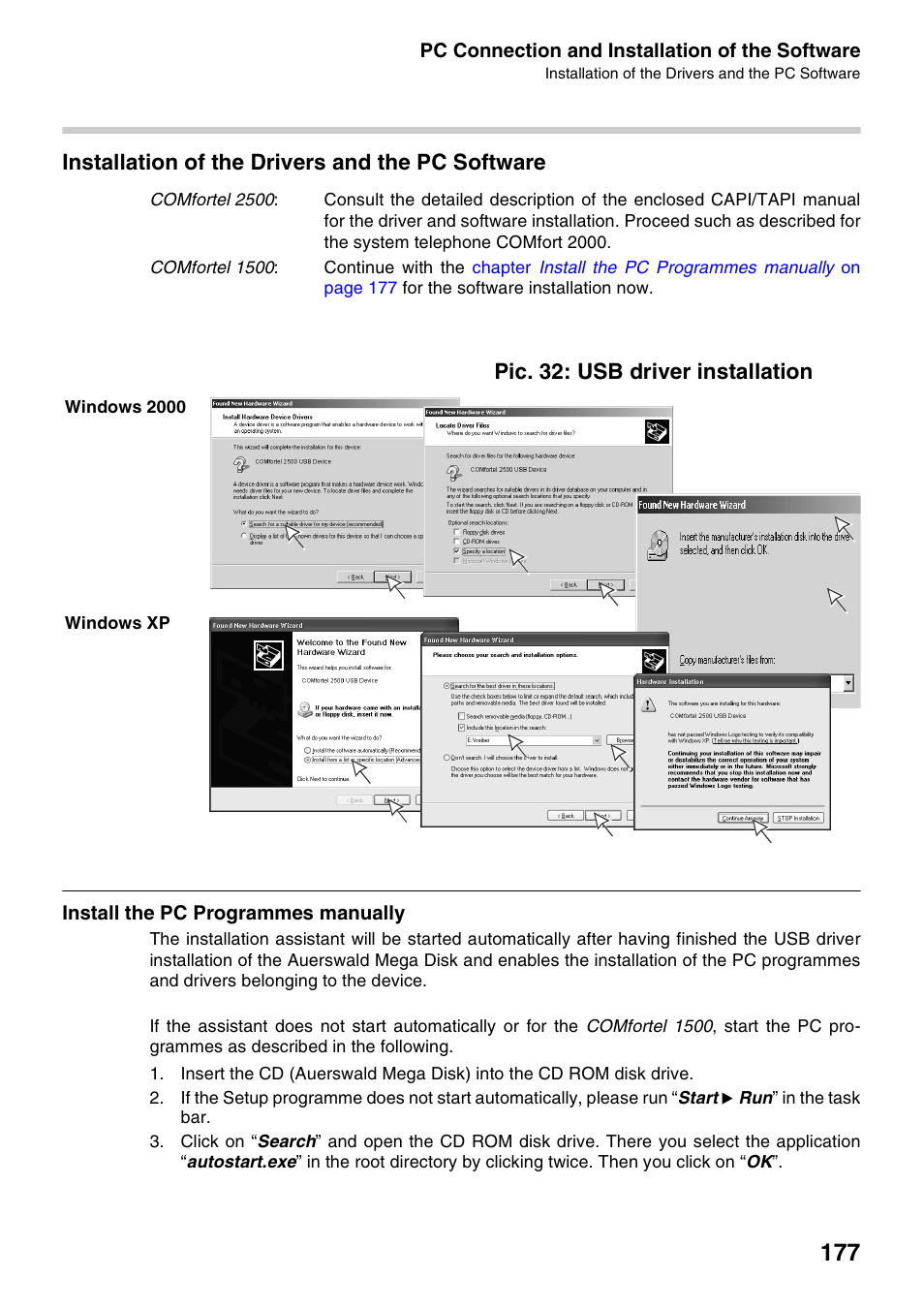 Installation of the drivers and the pc software, Pic. 32 : usb driver installation, Install the pc programmes manually | Pic. 32: usb driver installation, Chap | Auerswald 2500 User Manual | Page 177 / 236