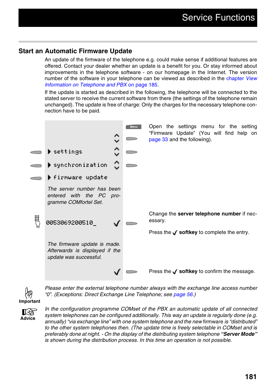 Service functions, Start an automatic firmware update, Settings synchronization firmware update | Auerswald 2500 User Manual | Page 181 / 236
