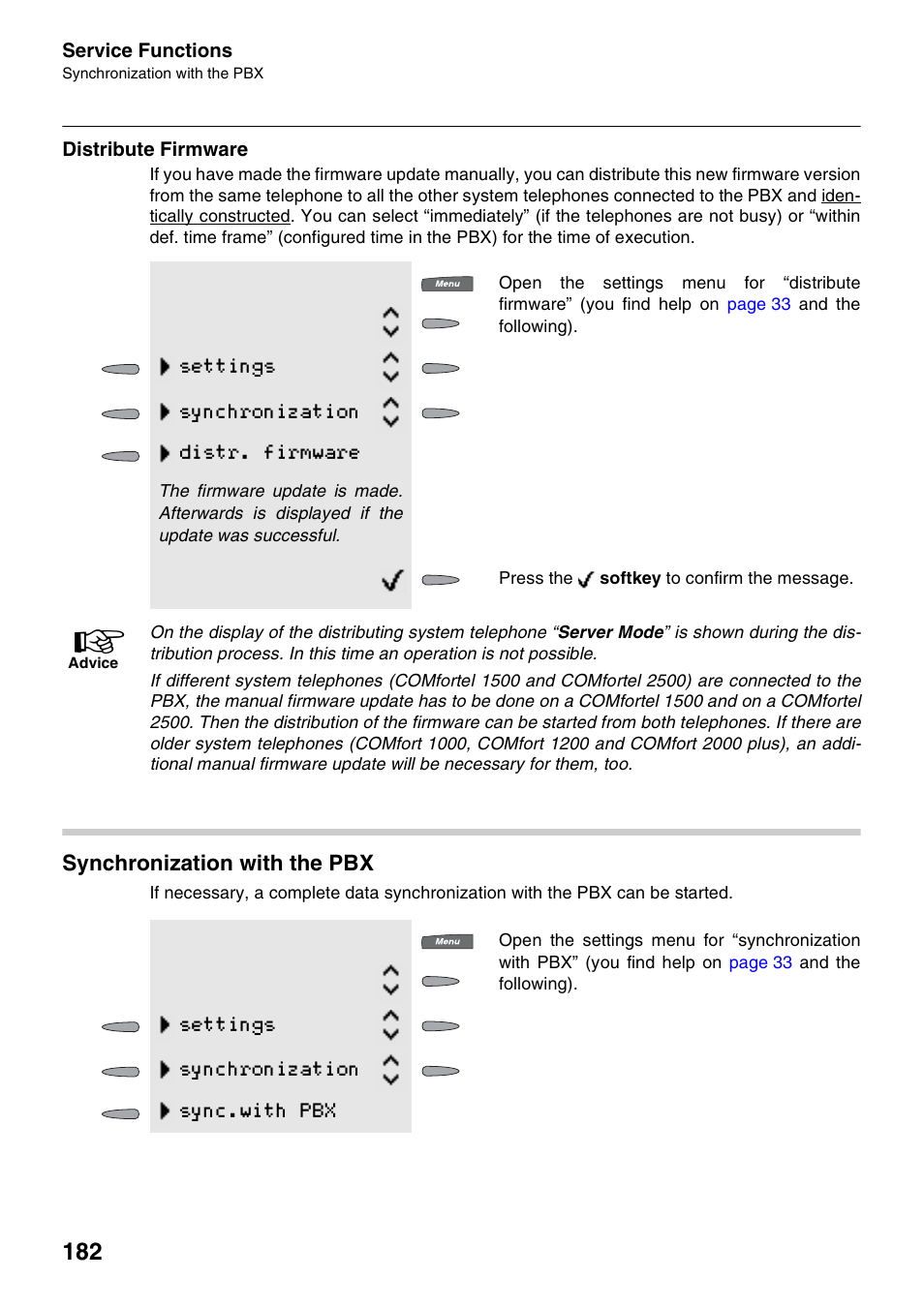 Distribute firmware, Synchronization with the pbx, Settings synchronization distr. firmware | Settings synchronization sync.with pbx | Auerswald 2500 User Manual | Page 182 / 236
