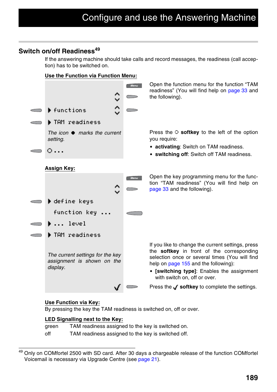 Configure and use the answering machine, Switch on/off readiness, Functions tam readiness | Auerswald 2500 User Manual | Page 189 / 236
