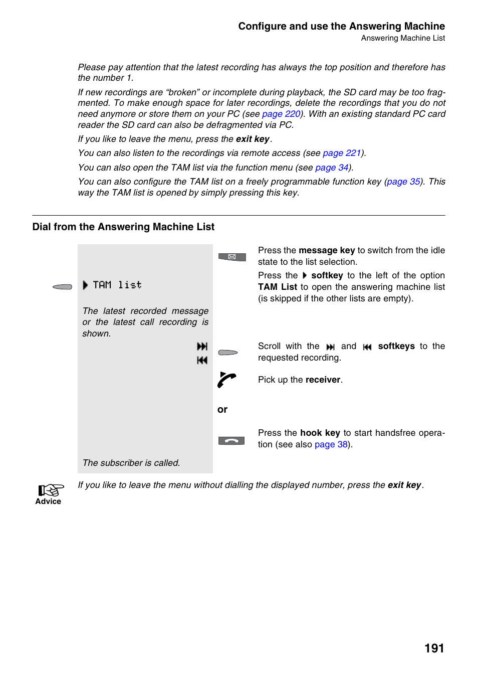 Dial from the answering machine list, Tam list | Auerswald 2500 User Manual | Page 191 / 236