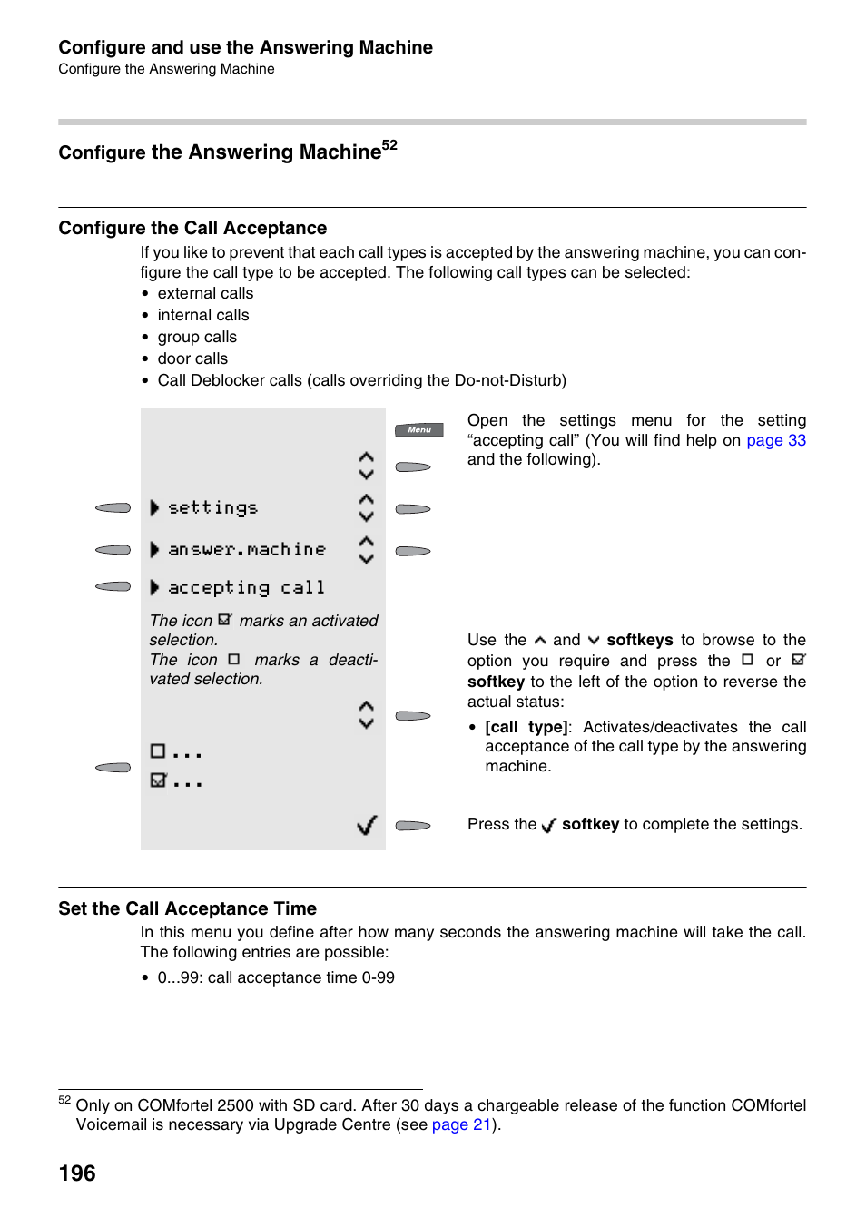 Configure the answering machine, Configure the call acceptance, Set the call acceptance time | Settings answer.machine accepting call, The answering machine | Auerswald 2500 User Manual | Page 196 / 236