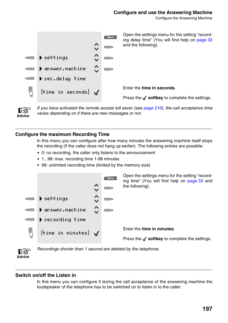 Configure the maximum recording time, Switch on/off the listen in | Auerswald 2500 User Manual | Page 197 / 236