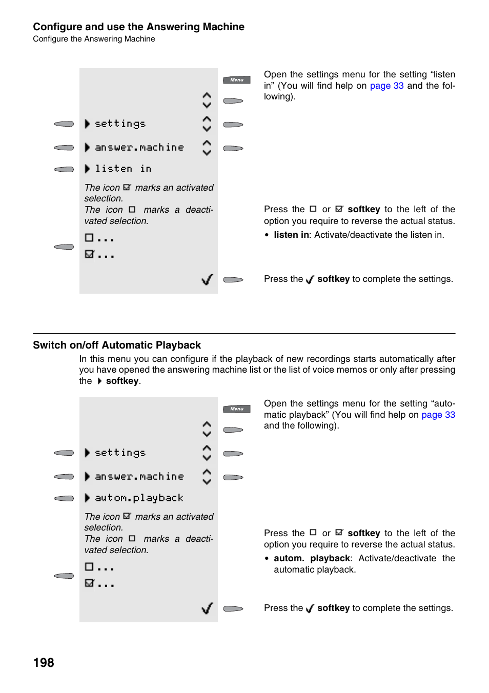 Switch on/off automatic playback, Settings answer.machine listen in, Settings answer.machine autom.playback | Auerswald 2500 User Manual | Page 198 / 236
