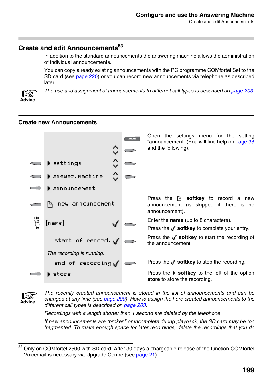 Create and edit announcements, Create new announcements, Name | Start of record, End of recording, Store | Auerswald 2500 User Manual | Page 199 / 236