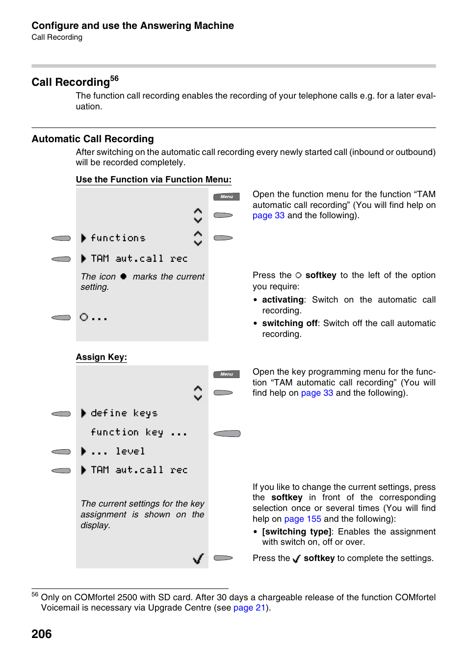 Call recording, Automatic call recording, Rding | Functions tam aut.call rec | Auerswald 2500 User Manual | Page 206 / 236