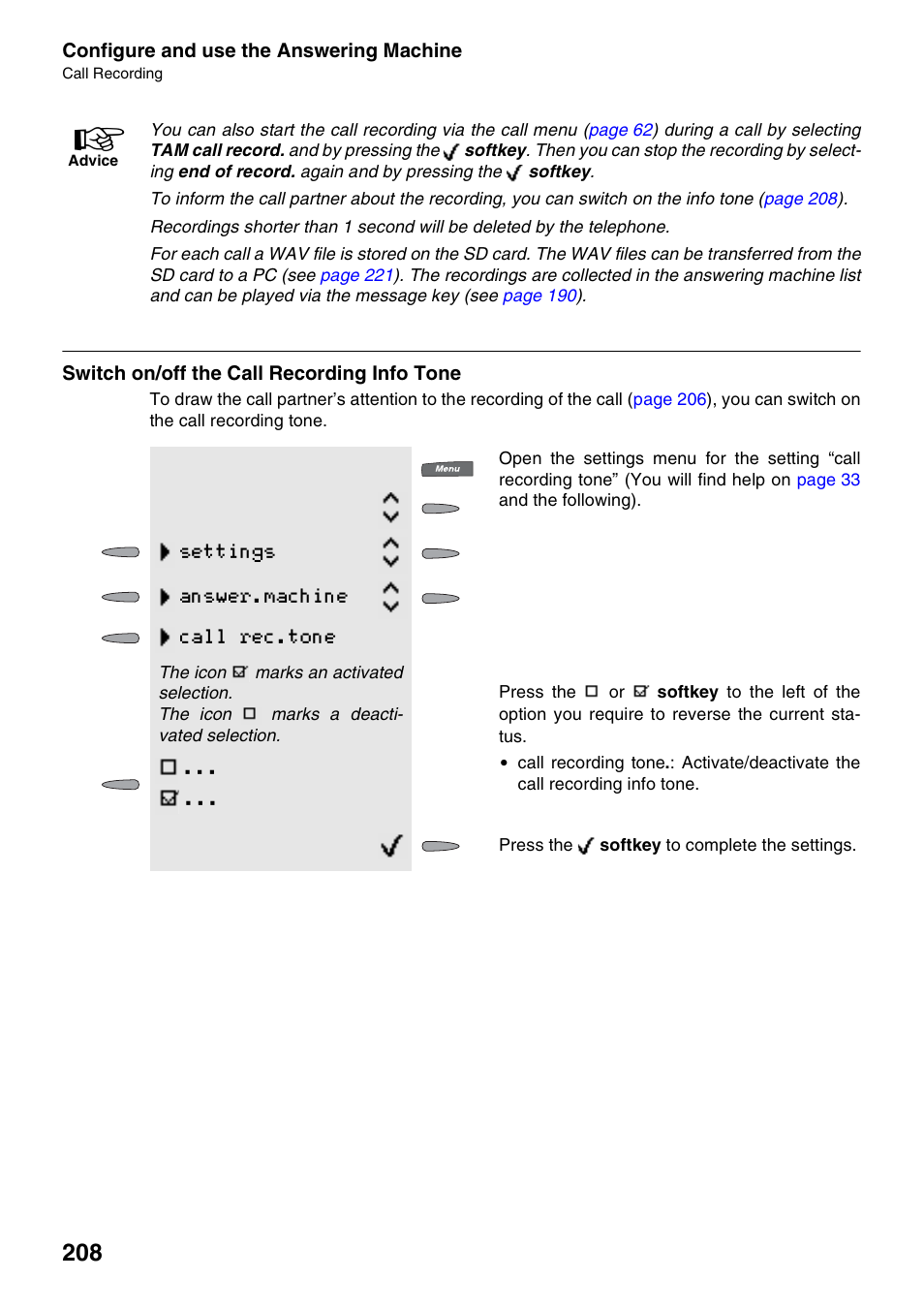 Switch on/off the call recording info tone, Settings answer.machine call rec.tone | Auerswald 2500 User Manual | Page 208 / 236