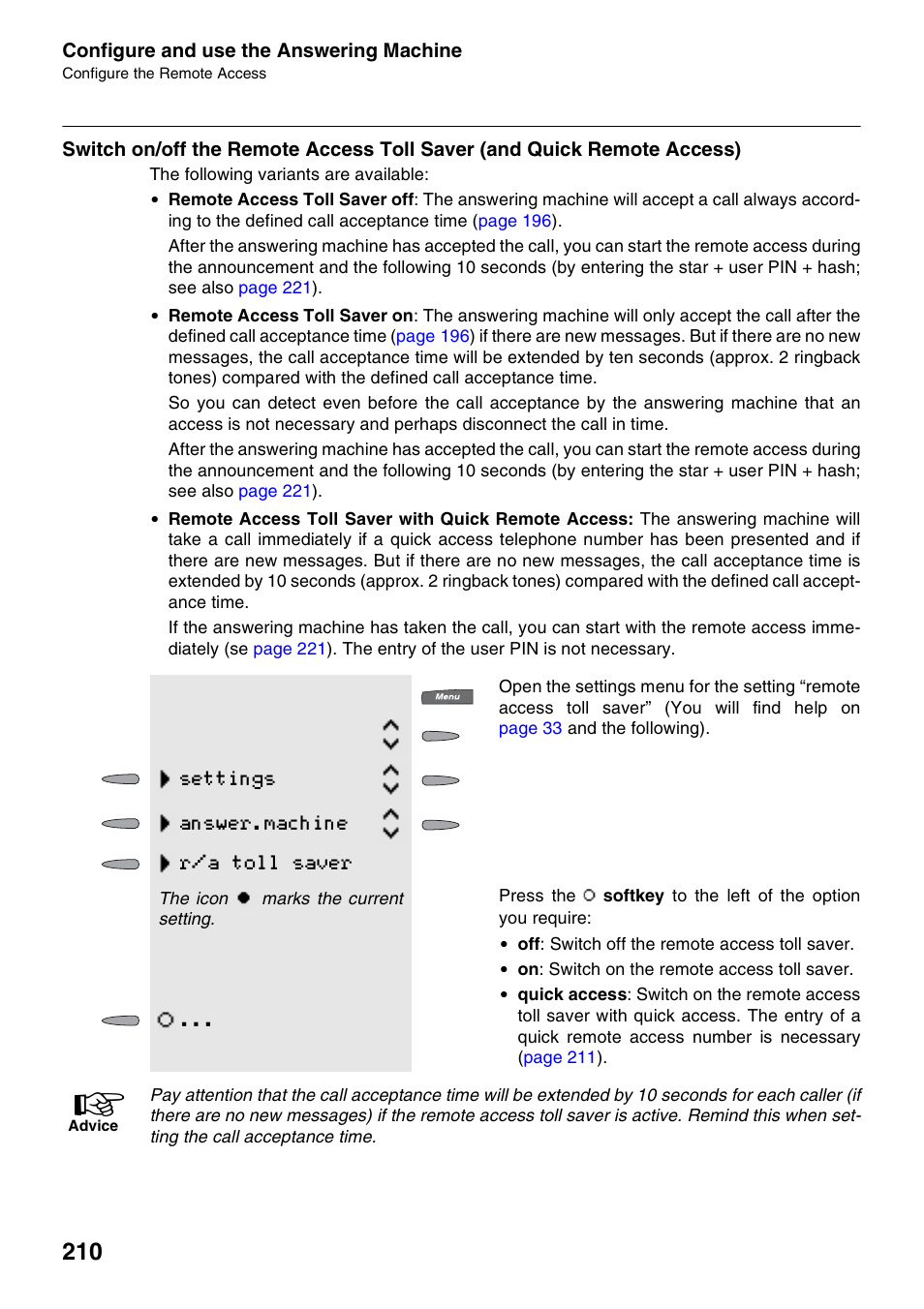 Settings answer.machine r/a toll saver | Auerswald 2500 User Manual | Page 210 / 236