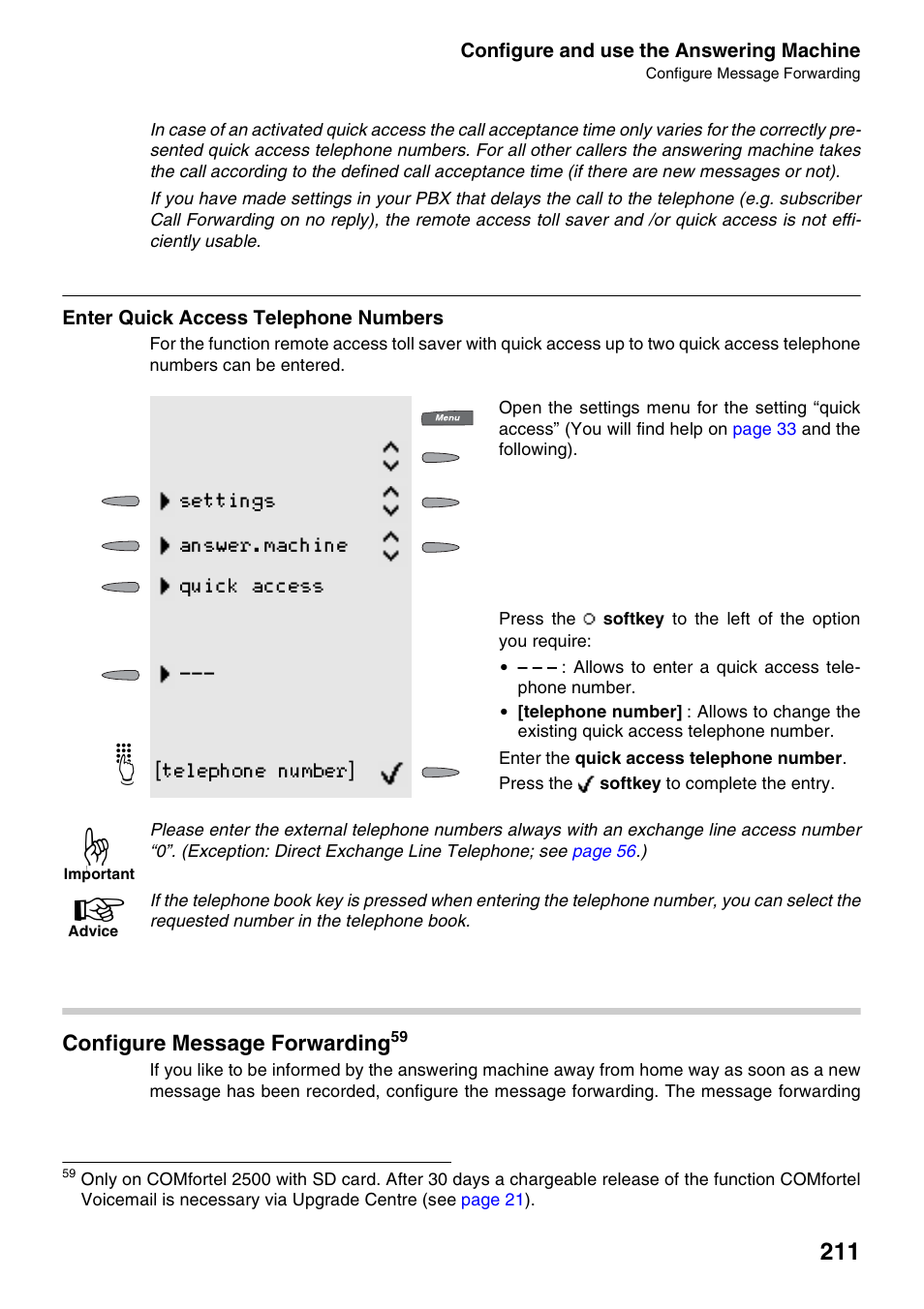 Enter quick access telephone numbers, Configure message forwarding, Rwarding | Mber, And act | Auerswald 2500 User Manual | Page 211 / 236
