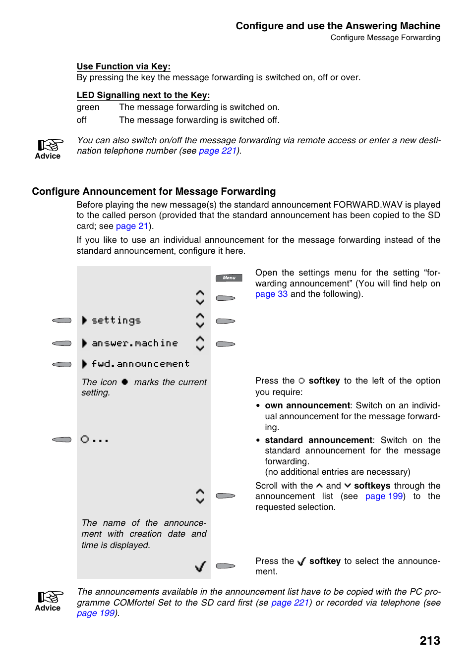 Configure announcement for message forwarding, Settings answer.machine fwd.announcement | Auerswald 2500 User Manual | Page 213 / 236