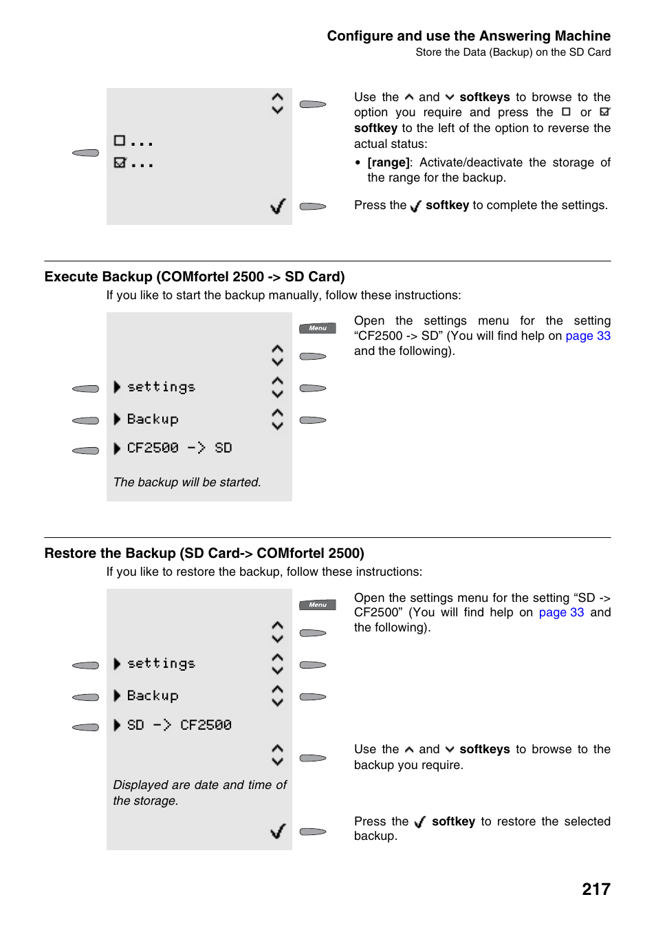 Execute backup (comfortel 2500 -> sd card), Restore the backup (sd card-> comfortel 2500), Settings backup cf2500 | Settings backup sd, Cf2500 | Auerswald 2500 User Manual | Page 217 / 236