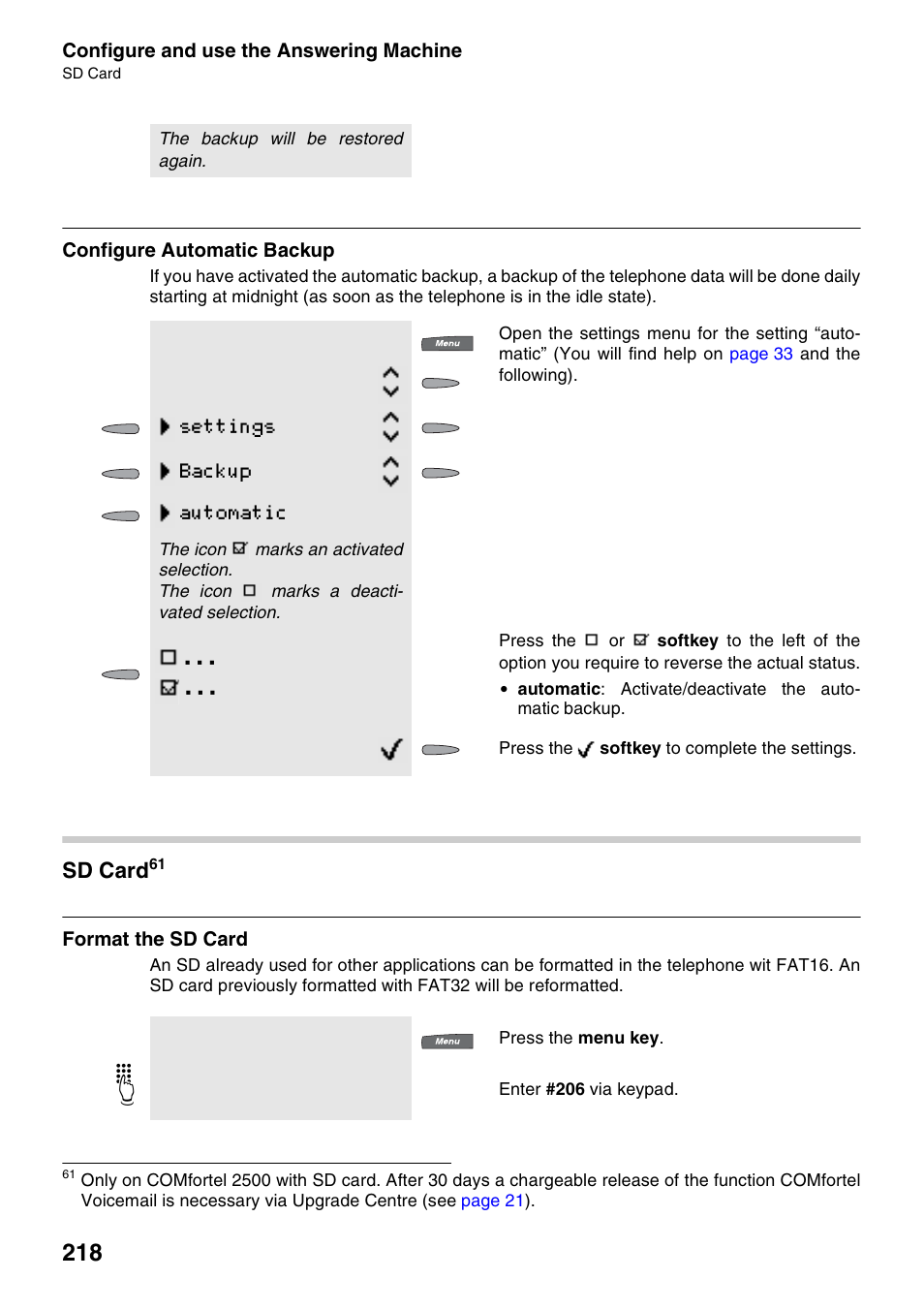 Configure automatic backup, Sd card, Format the sd card | Settings backup automatic | Auerswald 2500 User Manual | Page 218 / 236