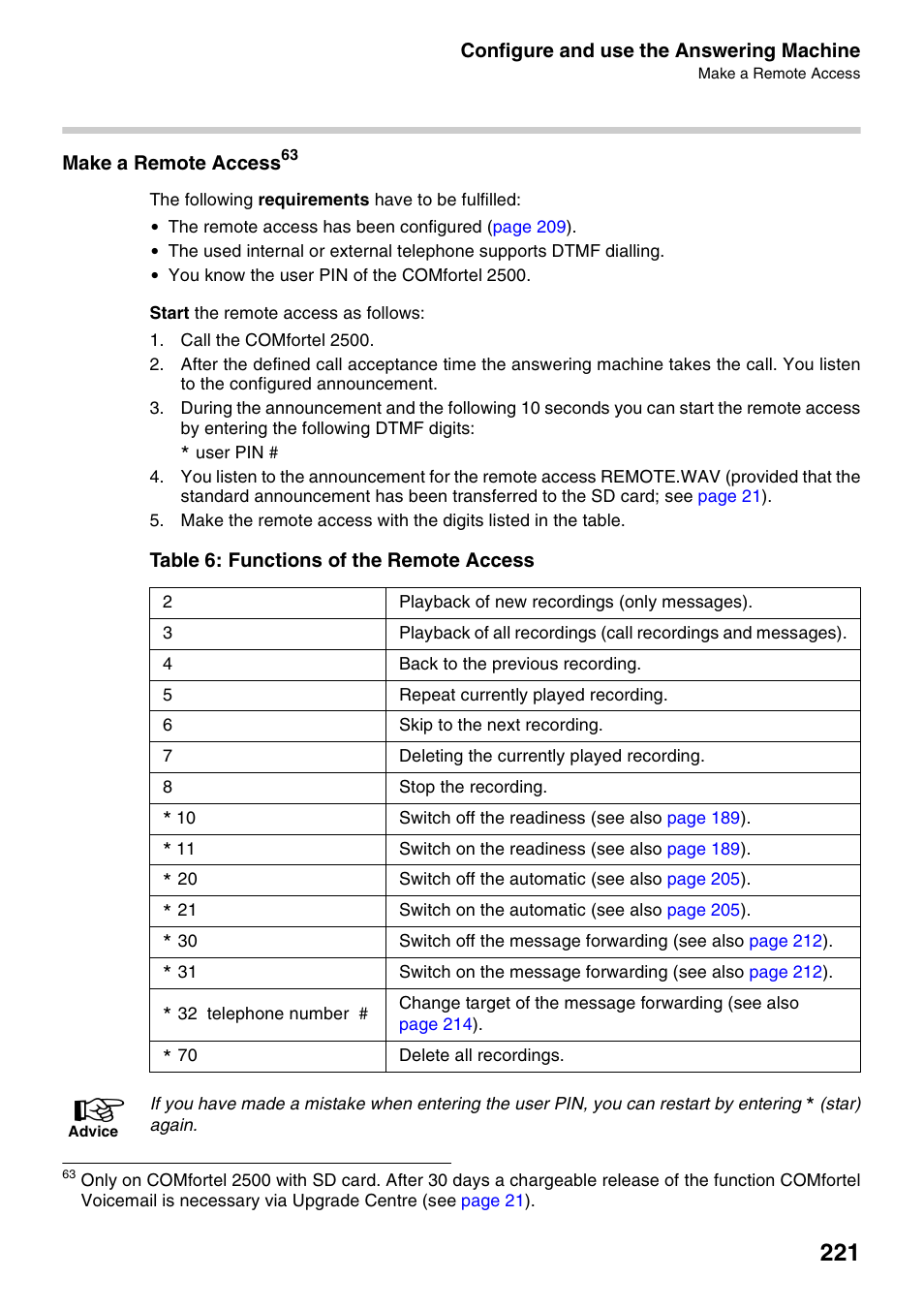 Make a remote access, Table 6 : functions of the remote access, Table 6: functions of the remote access | Ss (see | Auerswald 2500 User Manual | Page 221 / 236