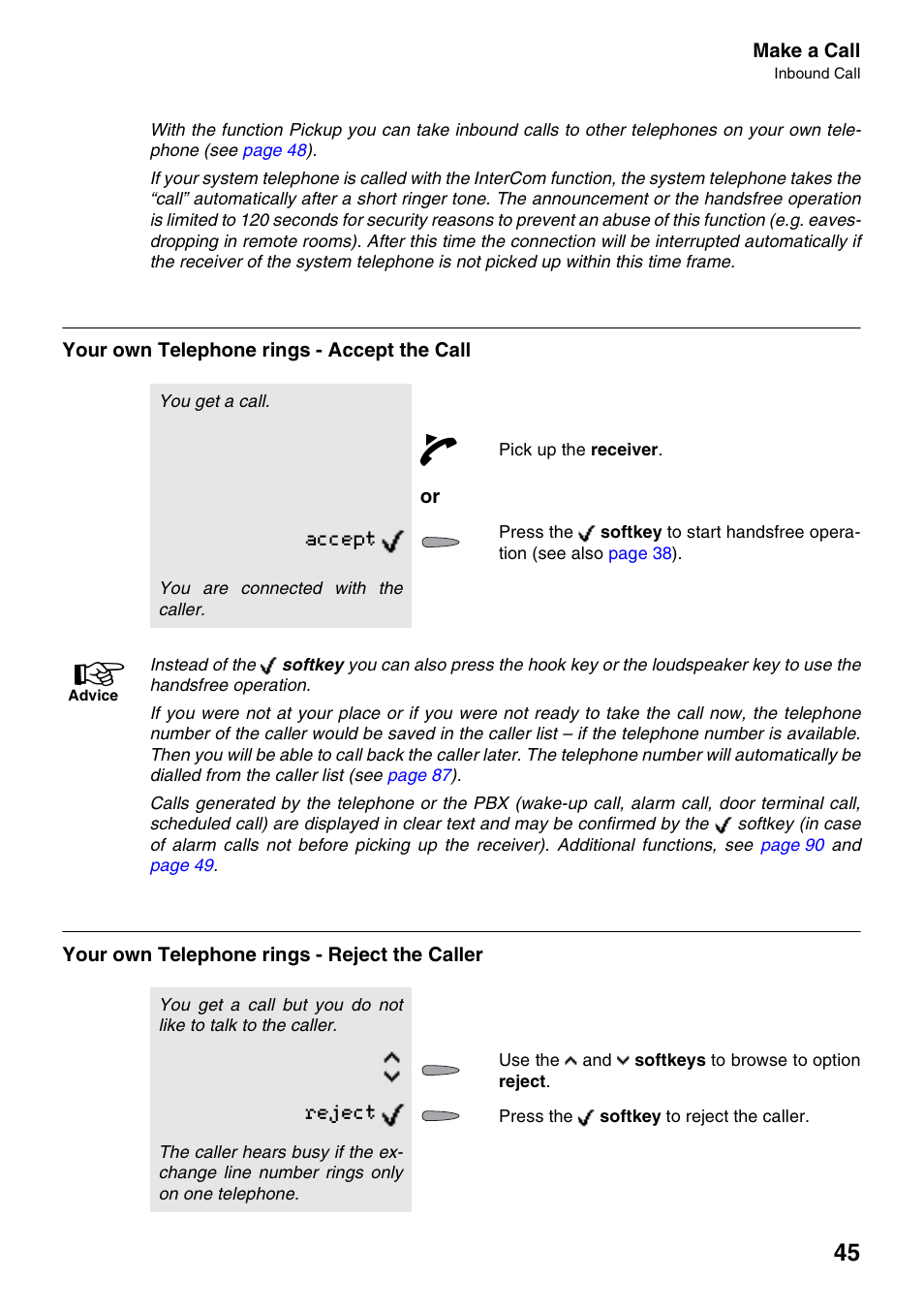 Your own telephone rings - accept the call, Your own telephone rings - reject the caller, Accept | Reject | Auerswald 2500 User Manual | Page 45 / 236