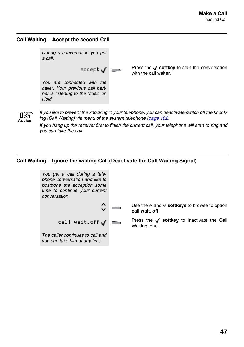 Call waiting - accept the second call, Call waiting – accept the second call, Accept | Call wait.off | Auerswald 2500 User Manual | Page 47 / 236