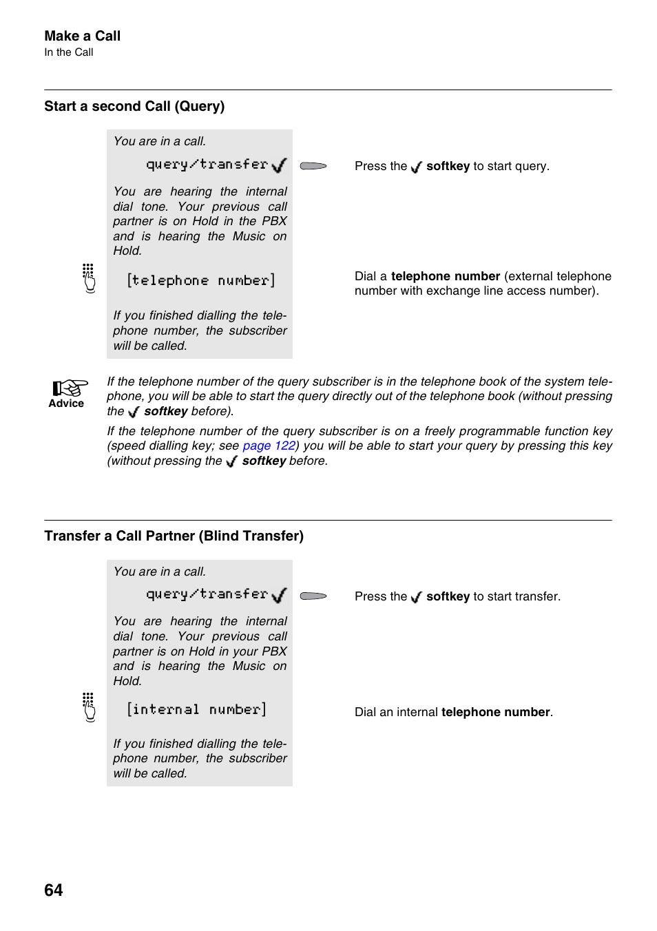 Start a second call (query), Transfer a call partner (blind transfer) | Auerswald 2500 User Manual | Page 64 / 236