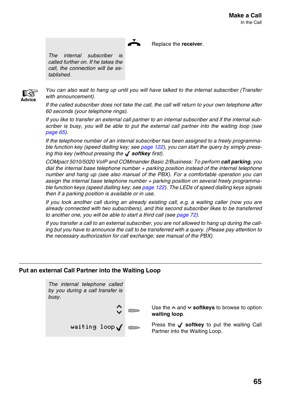 Put an external call partner into the waiting loop, Waiting loop | Auerswald 2500 User Manual | Page 65 / 236