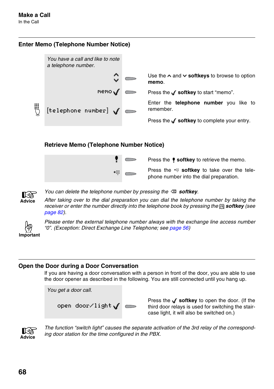 Enter memo (telephone number notice), Open the door during a door conversation, Ice) | Auerswald 2500 User Manual | Page 68 / 236
