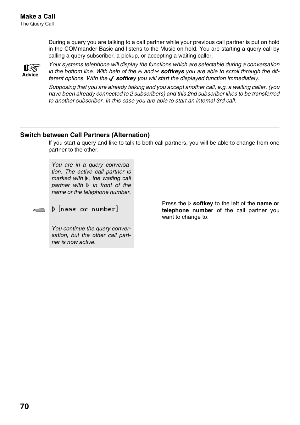 Switch between call partners (alternation), Name or number | Auerswald 2500 User Manual | Page 70 / 236