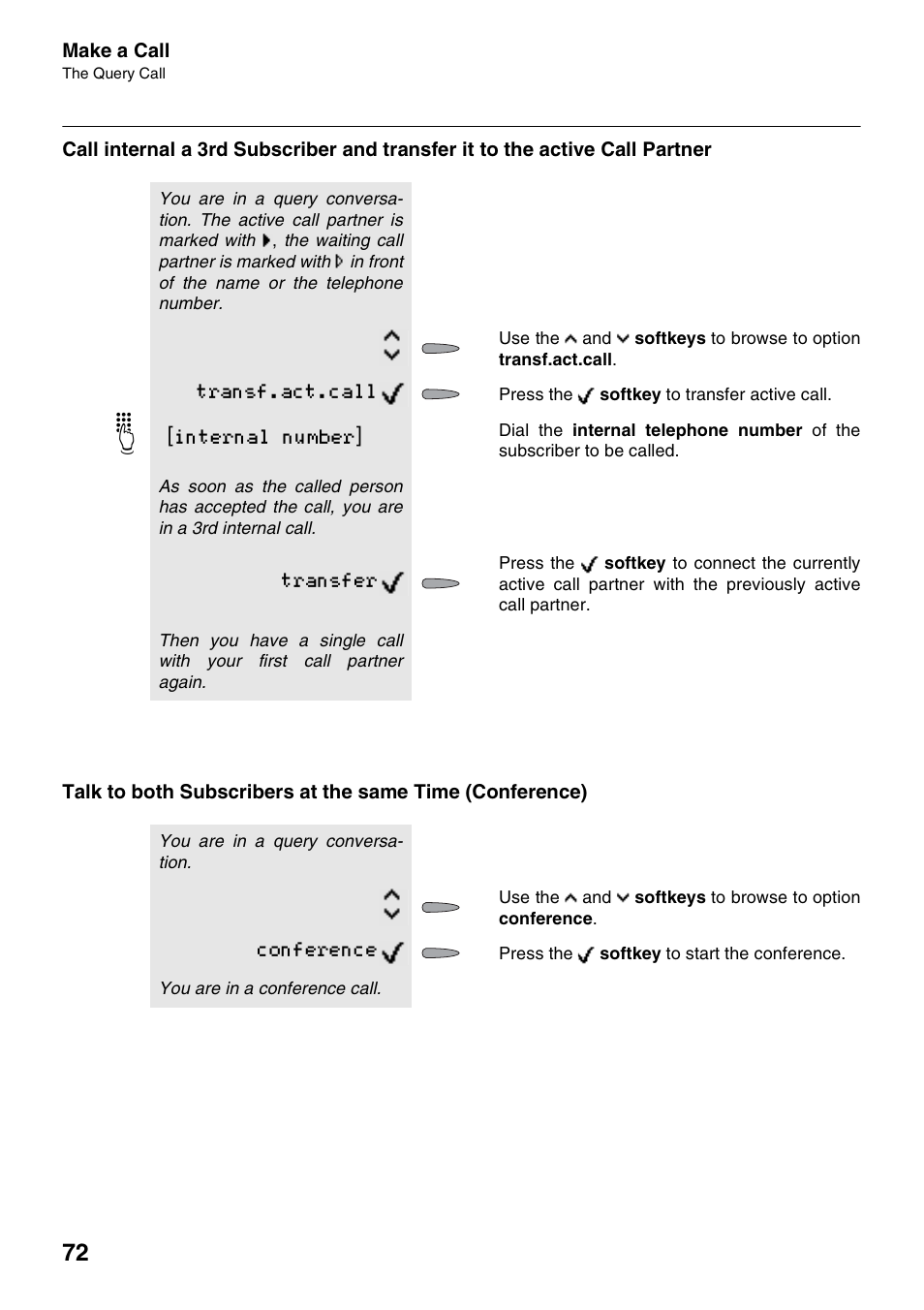 Transf.act.call, Internal number, Transfer | Conference | Auerswald 2500 User Manual | Page 72 / 236