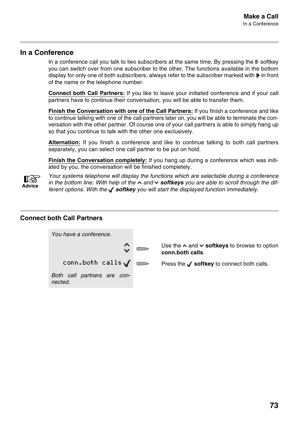 In a conference, Connect both call partners, Conn.both calls | Auerswald 2500 User Manual | Page 73 / 236