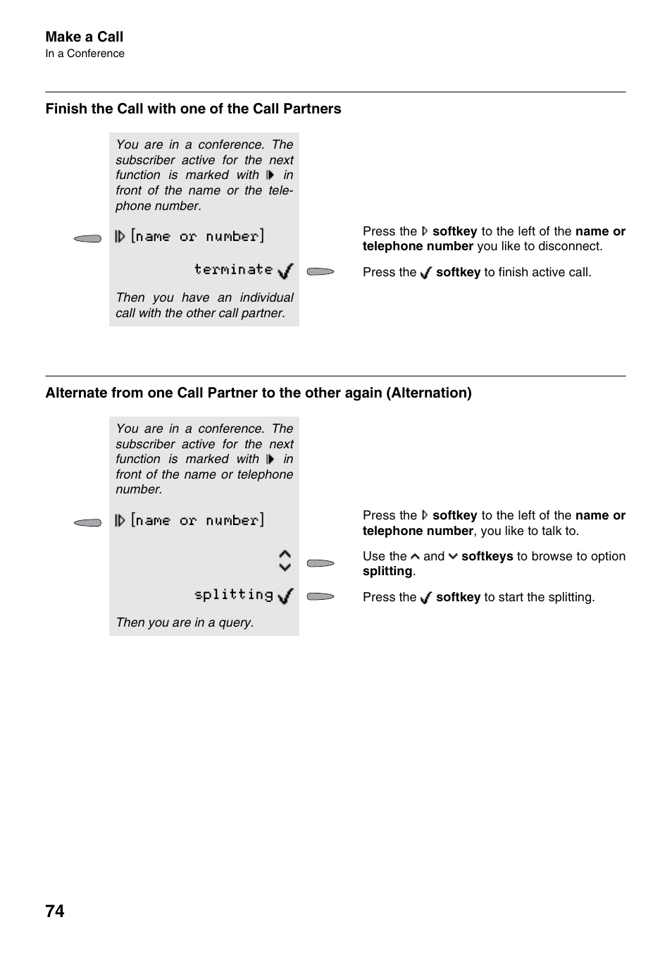 Finish the call with one of the call partners, Name or number, Terminate | Splitting | Auerswald 2500 User Manual | Page 74 / 236