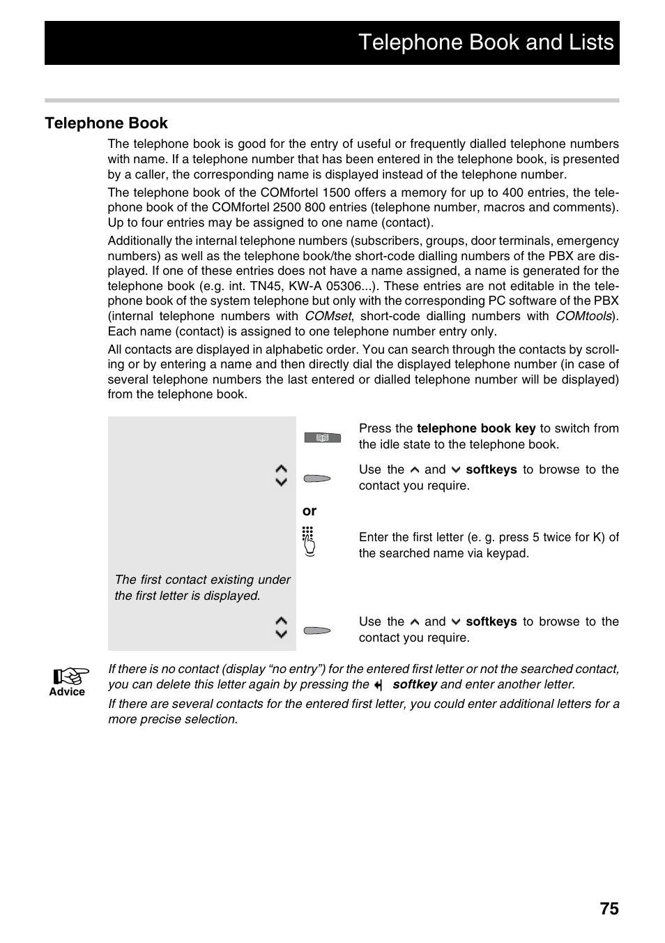 Telephone book and lists, Telephone book | Auerswald 2500 User Manual | Page 75 / 236