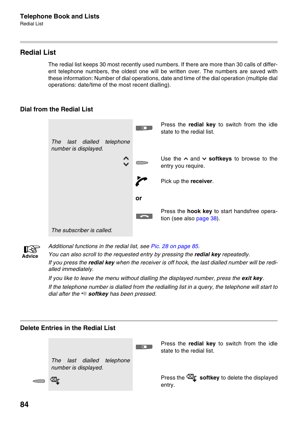 Redial list, Dial from the redial list, Delete entries in the redial list | Auerswald 2500 User Manual | Page 84 / 236