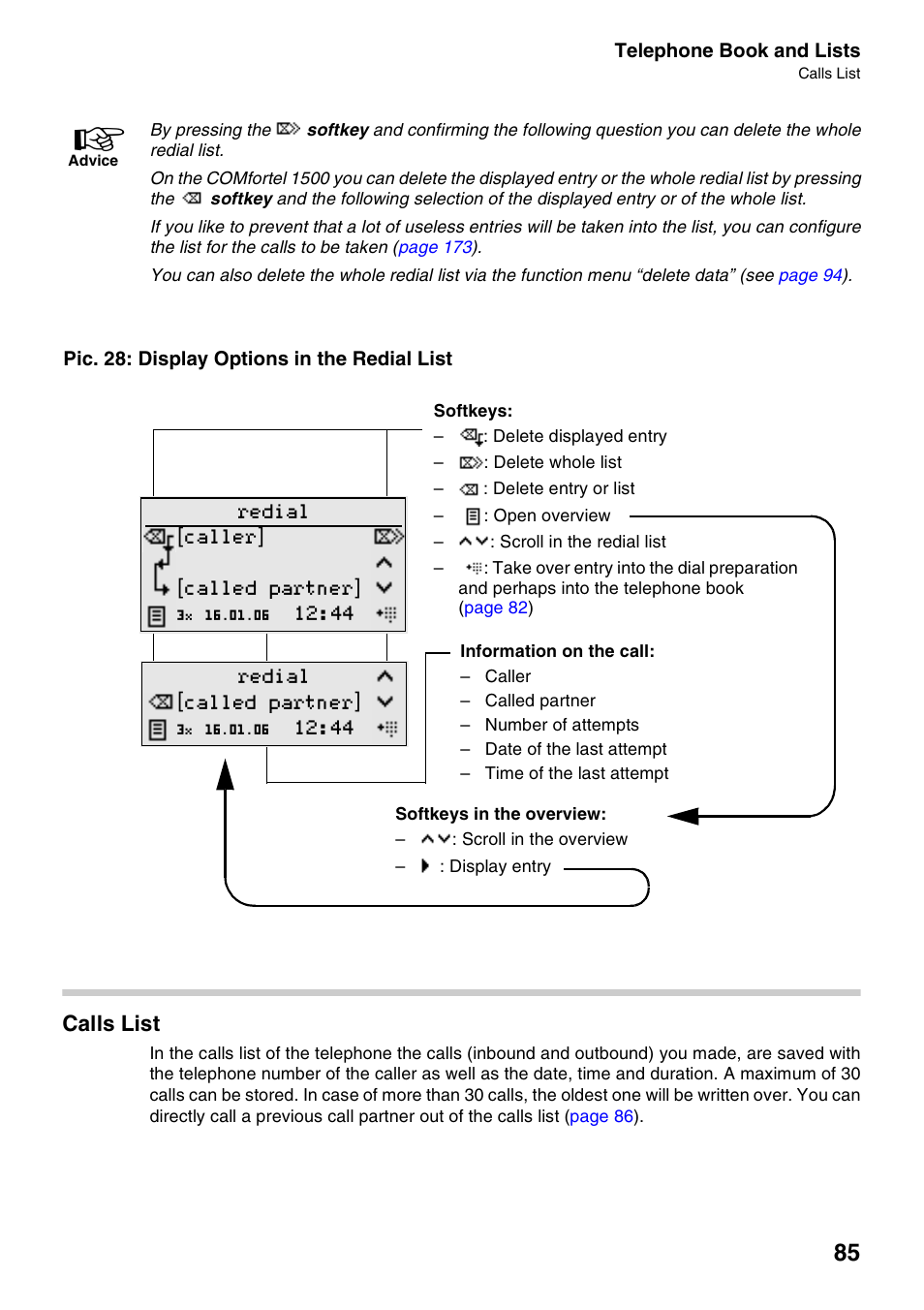 Pic. 28 : display options in the redial list, Calls list, Pic. 28: display options in the redial list | Auerswald 2500 User Manual | Page 85 / 236