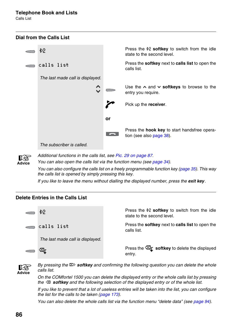 Dial from the calls list, Delete entries in the calls list, Calls list | Auerswald 2500 User Manual | Page 86 / 236