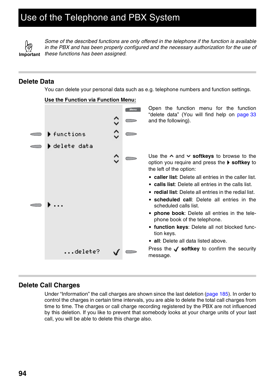Use of the telephone and pbx system, Delete data, Delete call charges | Functions delete data, Delete | Auerswald 2500 User Manual | Page 94 / 236