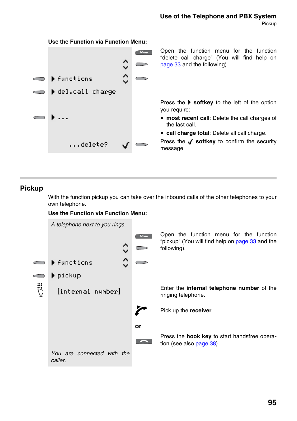 Pickup, Functions del.call charge, Delete | Functions pickup, Internal number | Auerswald 2500 User Manual | Page 95 / 236
