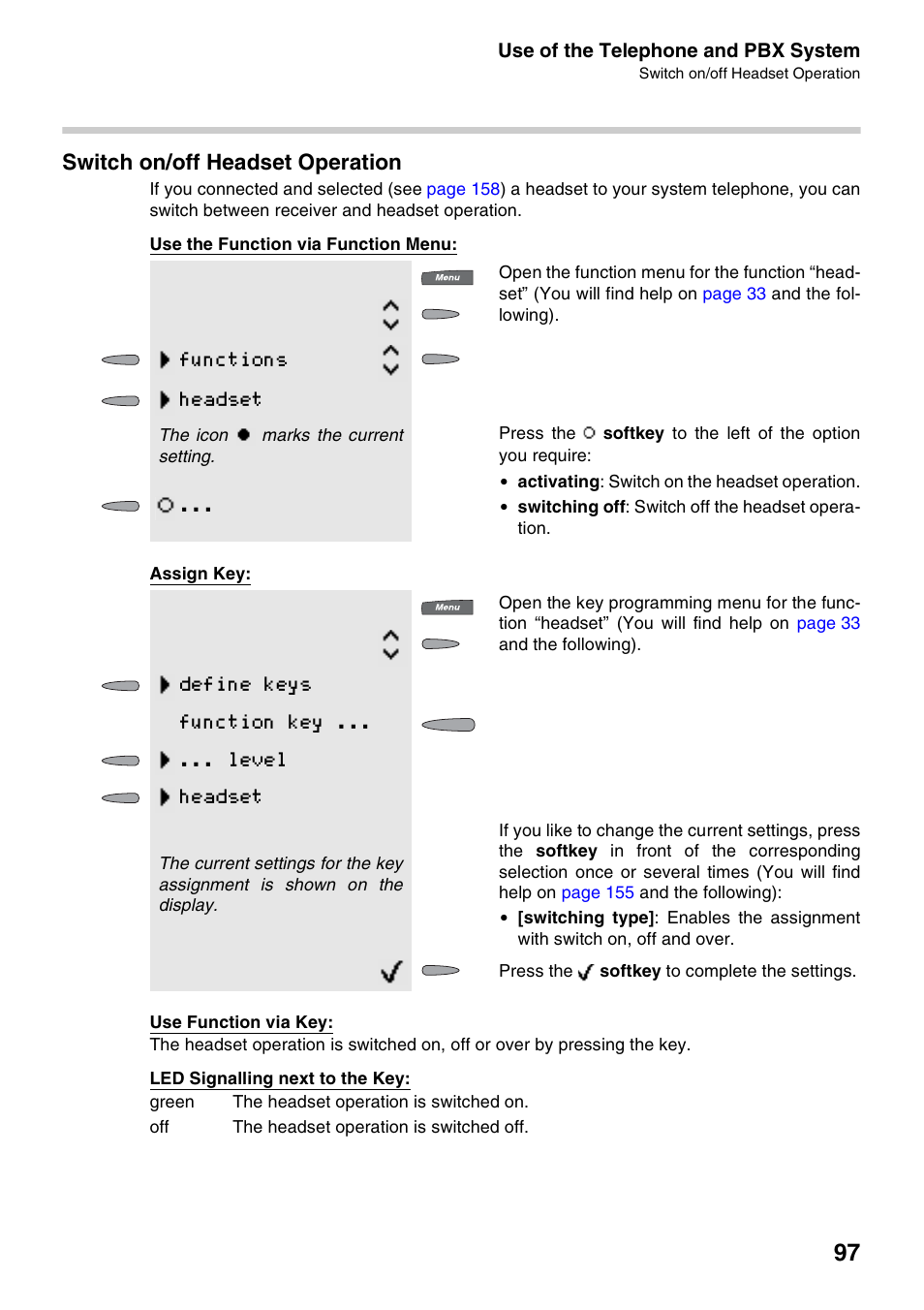 Switch on/off headset operation, Chapter, Functions headset | Define keys function key ... ... level headset | Auerswald 2500 User Manual | Page 97 / 236