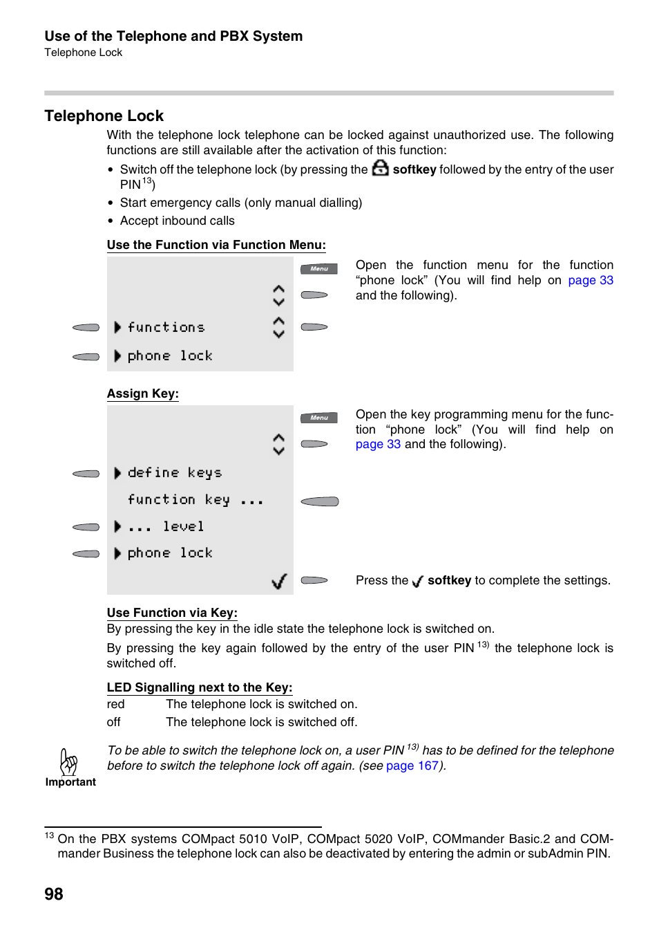 Telephone lock, Functions phone lock, Define keys function key ... ... level phone lock | Auerswald 2500 User Manual | Page 98 / 236