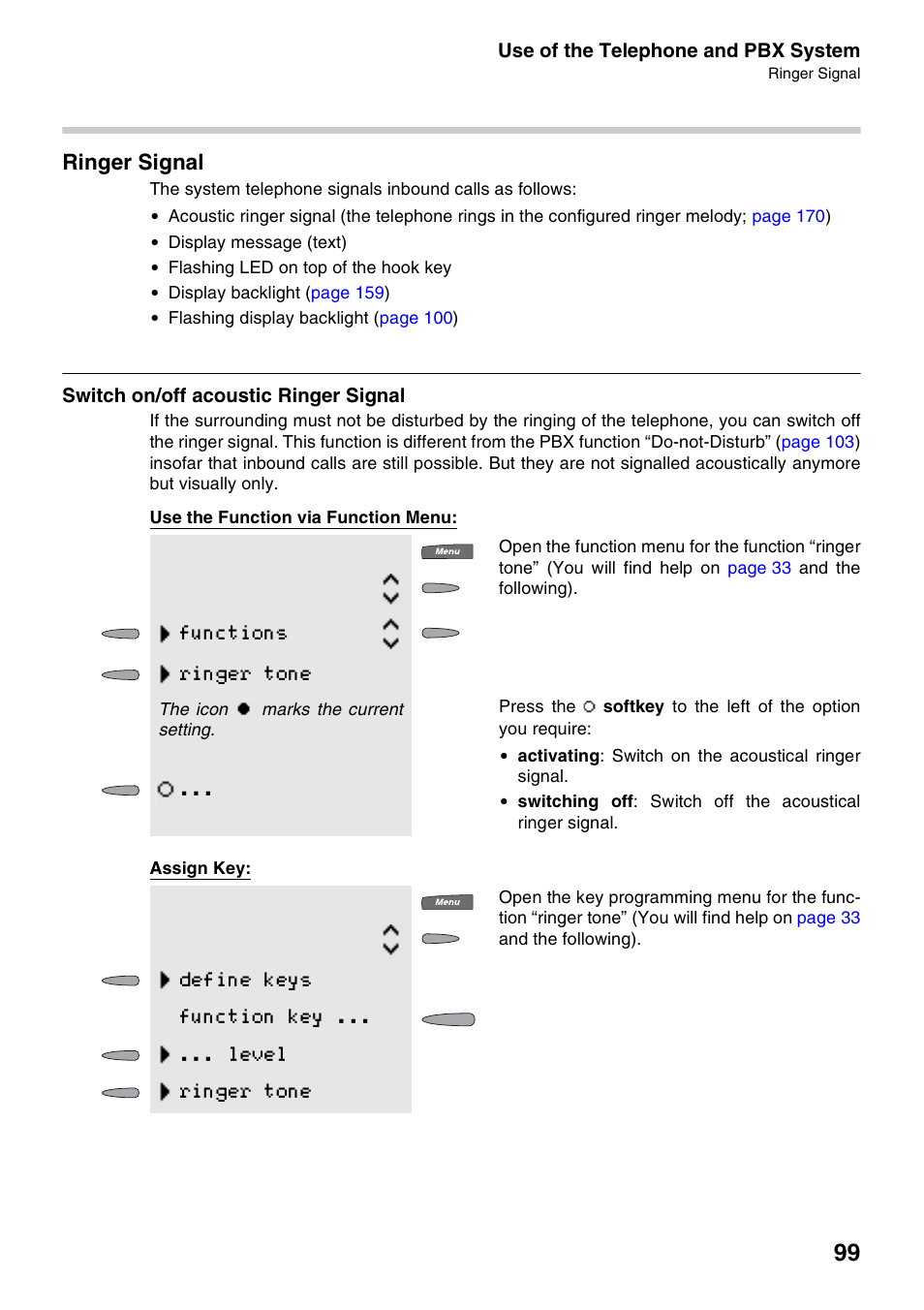 Ringer signal, Switch on/off acoustic ringer signal, Functions ringer tone | Define keys function key ... ... level ringer tone | Auerswald 2500 User Manual | Page 99 / 236